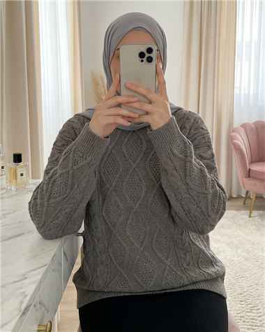 Petek Desen Kışlık Salaş Triko Kazak             -Toprak