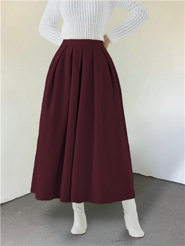 Pileli Fermuarlı Kaşe Etek  -Bordo