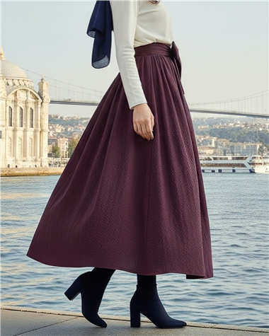 Piliseli Kemerli Paraşüt Etek     -Vişne