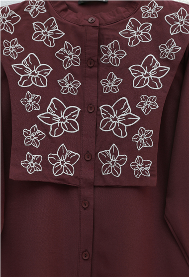 Plastron Detaylı Nakışlı Poplin Gömlek -Bordo