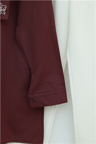 Plastron Detaylı Nakışlı Poplin Gömlek -Bordo