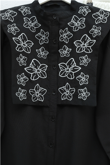 Plastron Detaylı Nakışlı Poplin Gömlek -Siyah
