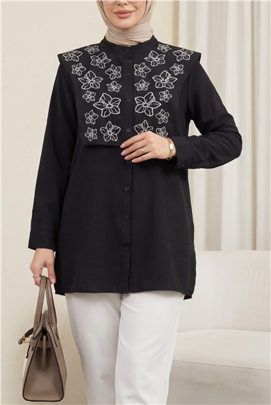 Plastron Detaylı Nakışlı Poplin Gömlek -Siyah