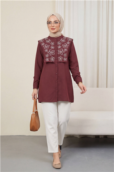Plastron Detaylı Nakışlı Poplin Gömlek -Bordo