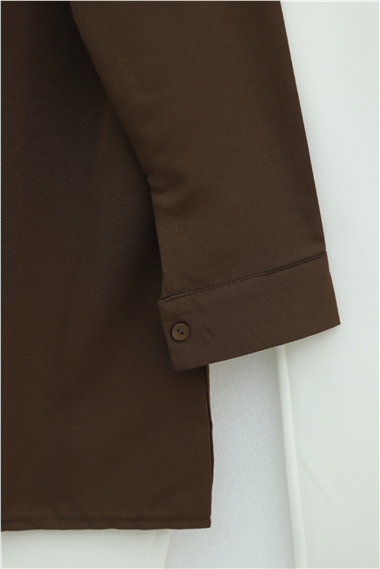 Plastron Detaylı Nakışlı Poplin Gömlek -Kahve