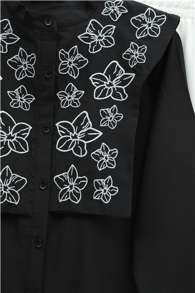 Plastron Detaylı Nakışlı Poplin Gömlek -Siyah