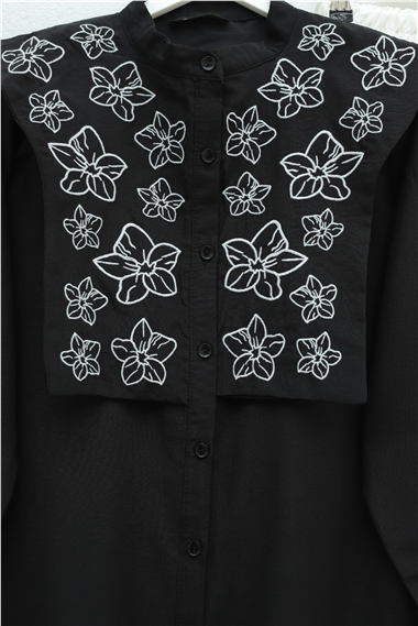 Plastron Detaylı Nakışlı Poplin Gömlek -Siyah