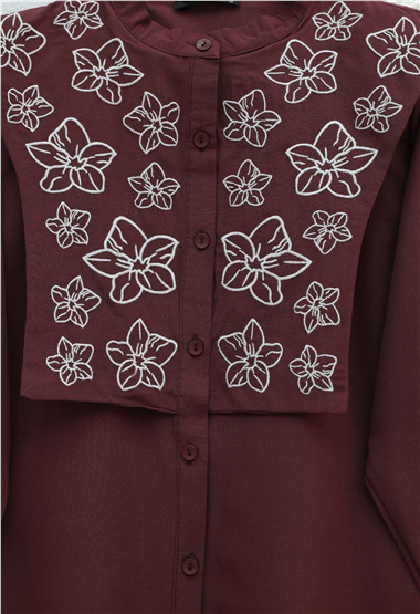 Plastron Detaylı Nakışlı Poplin Gömlek -Bordo