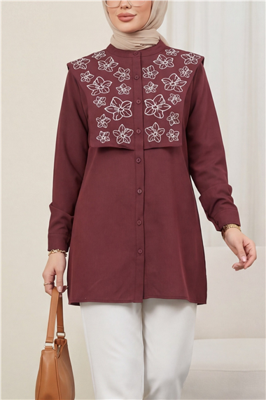 Plastron Detaylı Nakışlı Poplin Gömlek -Bordo