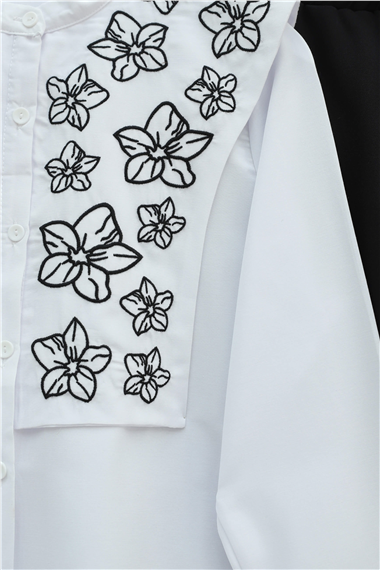 Plastron Detaylı Nakışlı Poplin Gömlek -Beyaz