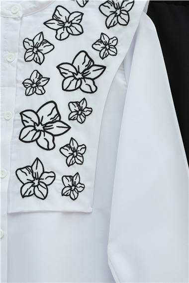 Plastron Detaylı Nakışlı Poplin Gömlek -Beyaz