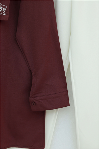 Plastron Detaylı Nakışlı Poplin Gömlek -Bordo