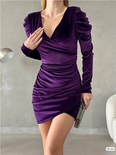 Plise Omuzlu Kruvaze Kadife Elbise -Mor