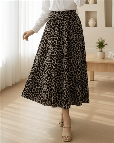 Pliseli Soft Balon Leopar Etek -Siyah