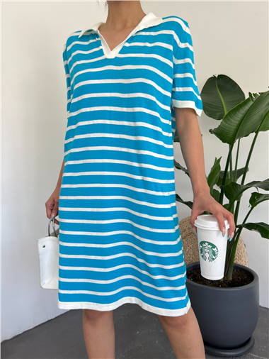 Polo Yaka Çizgili Triko Mini Elbise -Mavi