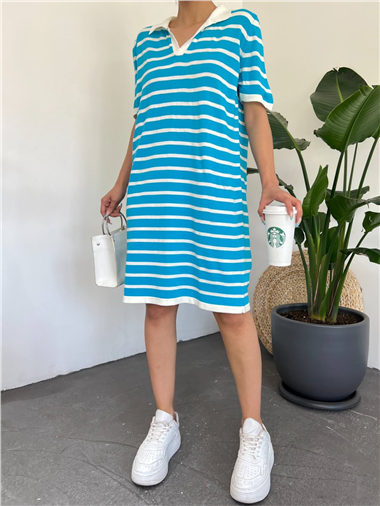 Polo Yaka Çizgili Triko Mini Elbise -Mavi