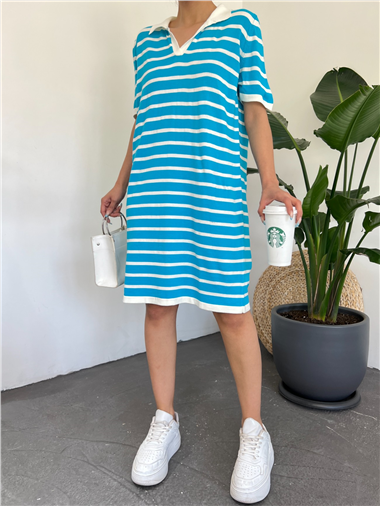 Polo Yaka Çizgili Triko Mini Elbise -Mavi