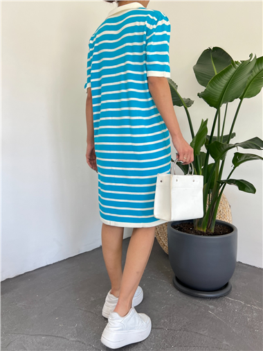 Polo Yaka Çizgili Triko Mini Elbise -Mavi