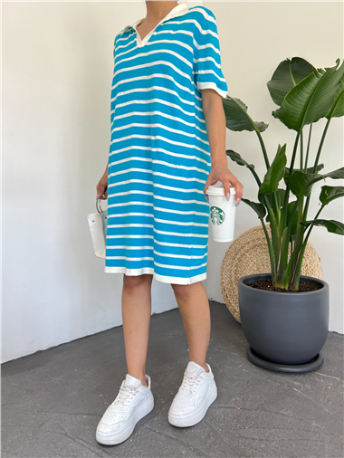 Polo Yaka Çizgili Triko Mini Elbise -Mavi