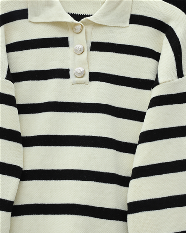 Polo Yaka Düğmeli Çizgili Triko Takım  -Siyah