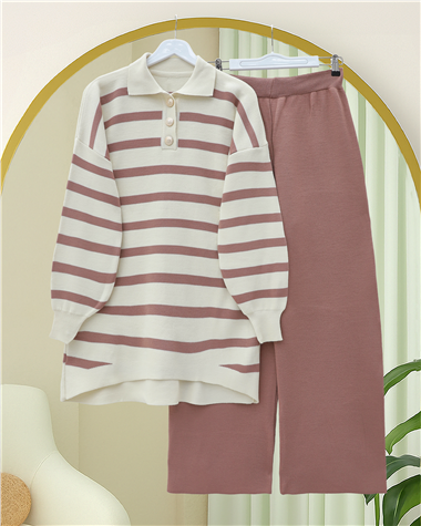 Polo Yaka Düğmeli Çizgili Triko Takım  -G.Kurusu