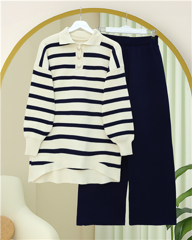 Polo Yaka Düğmeli Çizgili Triko Takım  -Laci
