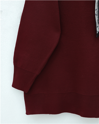 Polo Yaka Fularlı Yırtmaçlı Salaş Triko Tunik  -Bordo