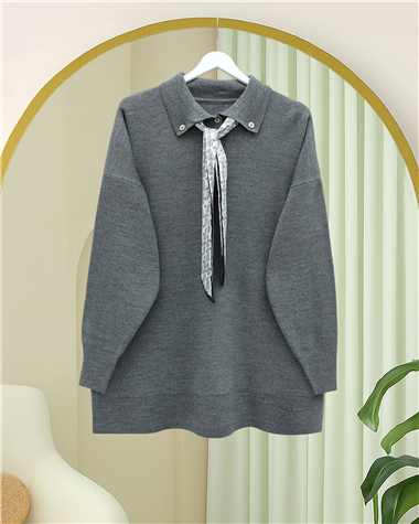 Polo Yaka Fularlı Yırtmaçlı Salaş Triko Tunik  -Füme