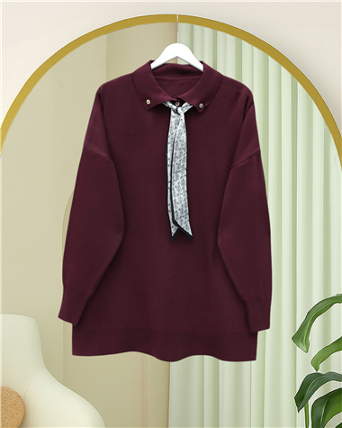 Polo Yaka Fularlı Yırtmaçlı Salaş Triko Tunik  -Bordo