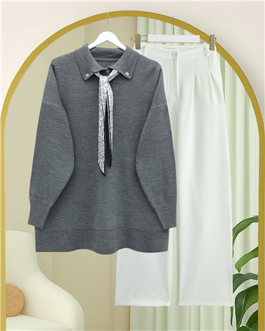 Polo Yaka Fularlı Yırtmaçlı Salaş Triko Tunik  -Füme