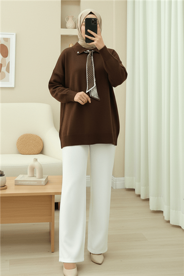 Polo Yaka Fularlı Yırtmaçlı Salaş Triko Tunik  -Kahve