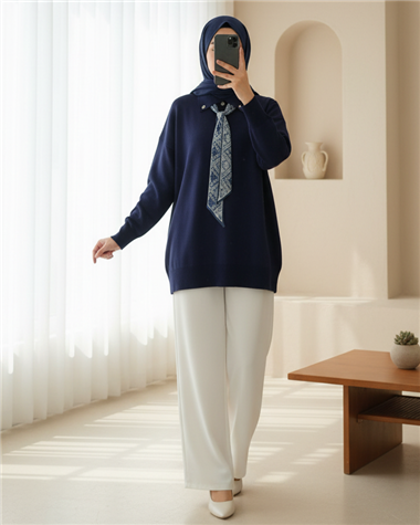 Polo Yaka Fularlı Yırtmaçlı Salaş Triko Tunik  -Laci