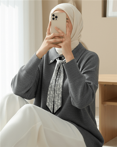 Polo Yaka Fularlı Yırtmaçlı Salaş Triko Tunik  -Füme