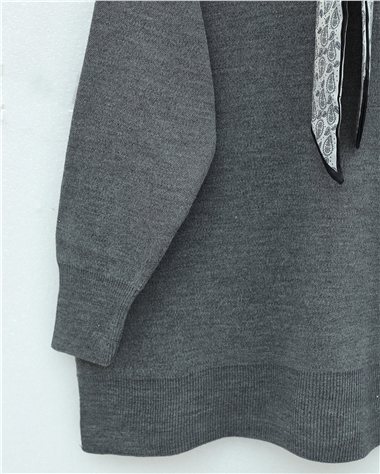 Polo Yaka Fularlı Yırtmaçlı Salaş Triko Tunik  -Füme