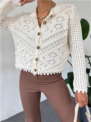 Ponponlu Ajurlu Düğmeli Hırka -Ekru