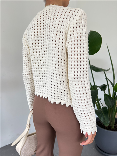 Ponponlu Ajurlu Düğmeli Hırka -Ekru