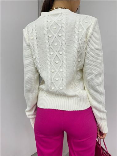 Ponponlu Çiçek Nakışlı Triko Hırka -Ekru