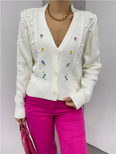 Ponponlu Çiçek Nakışlı Triko Hırka -Ekru