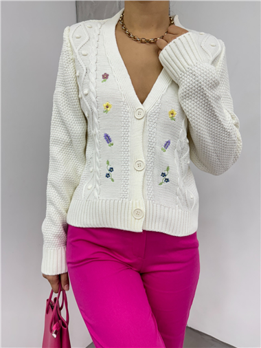 Ponponlu Çiçek Nakışlı Triko Hırka -Ekru