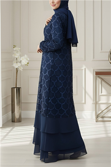 Pul Payetli Eteği Katlı Kemerli İkili Abaya -Laci