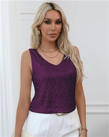 Pul Payetli Sıfır Kol Bluz -Mürdüm