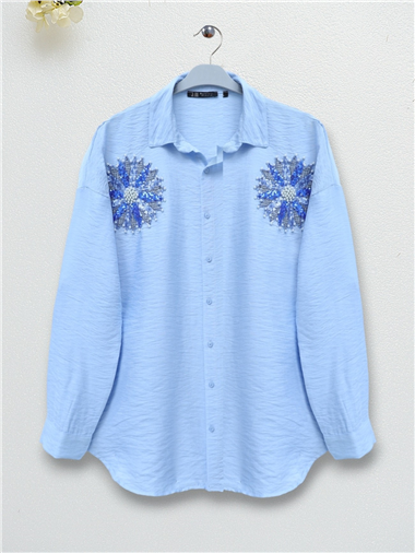 Pullu Güneş Nakışlı Gömlek -Bebe Mavi