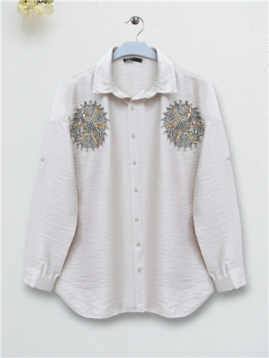 Pullu Güneş Nakışlı Gömlek -Bej