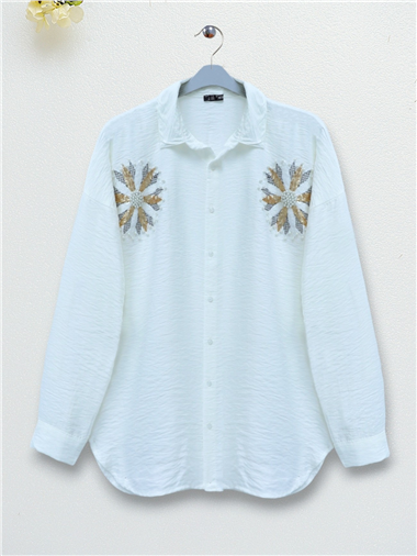 Pullu Güneş Nakışlı Gömlek -Ekru