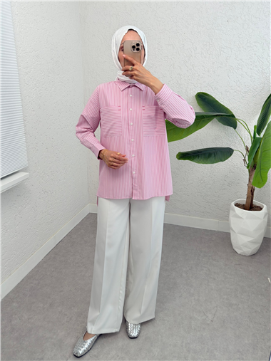 Puntalı Çizgili Gömlek -Pembe