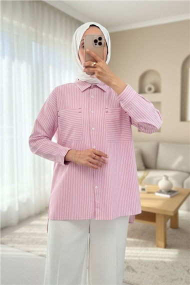 Puntalı Çizgili Gömlek -Pembe