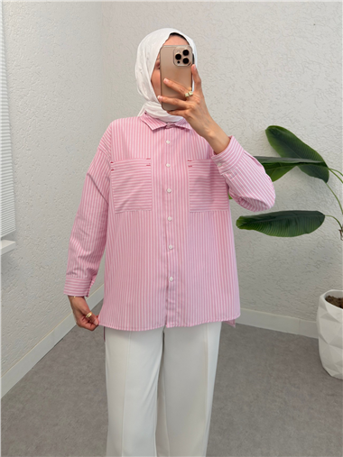 Puntalı Çizgili Gömlek -Pembe