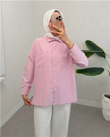 Puntalı Çizgili Gömlek -Pembe