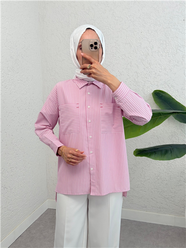 Puntalı Çizgili Gömlek -Pembe