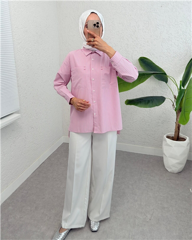 Puntalı Çizgili Gömlek -Pembe